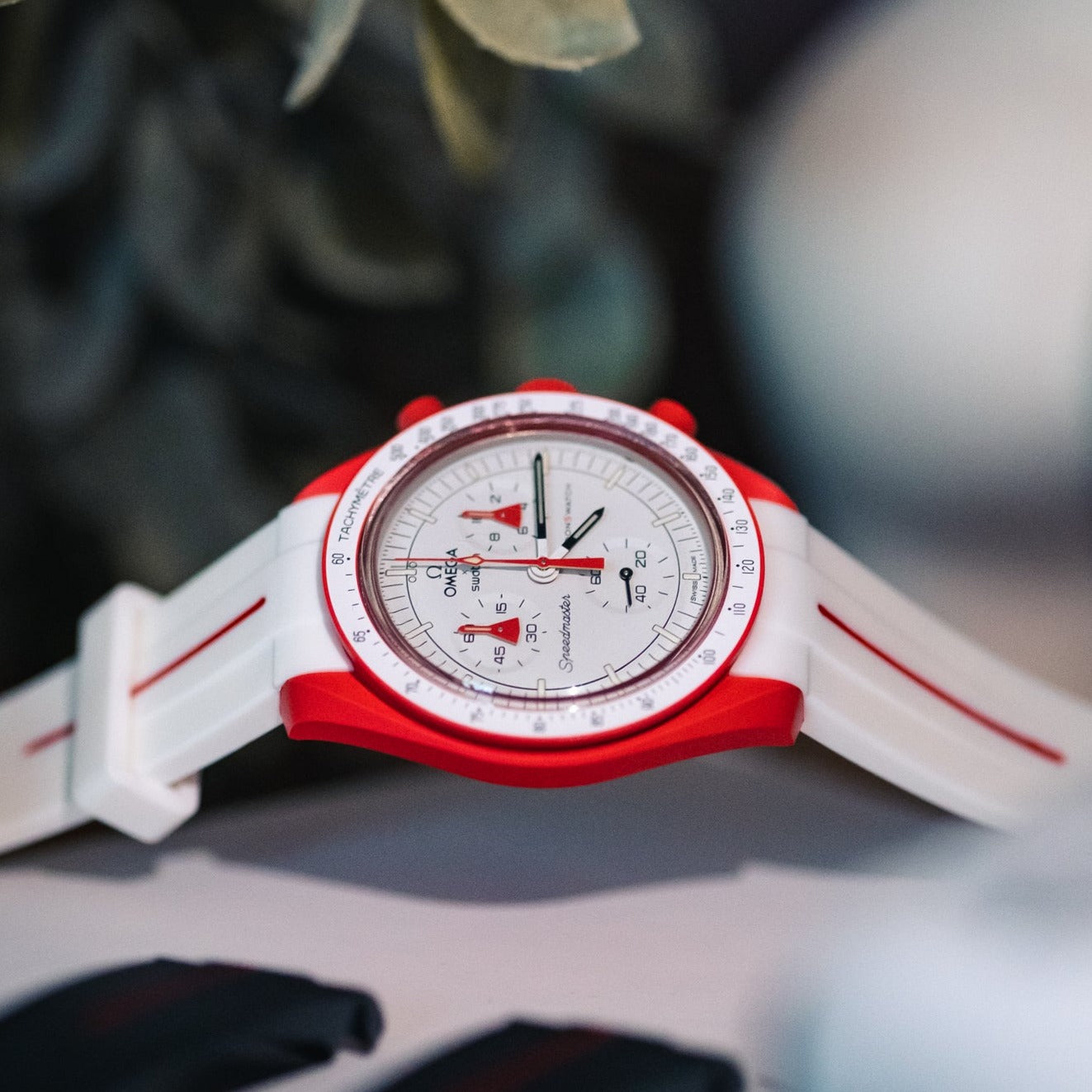 Omega X Swatch Moonswatch White & Red Pinstripe Rubber Strap - HorologyWrists