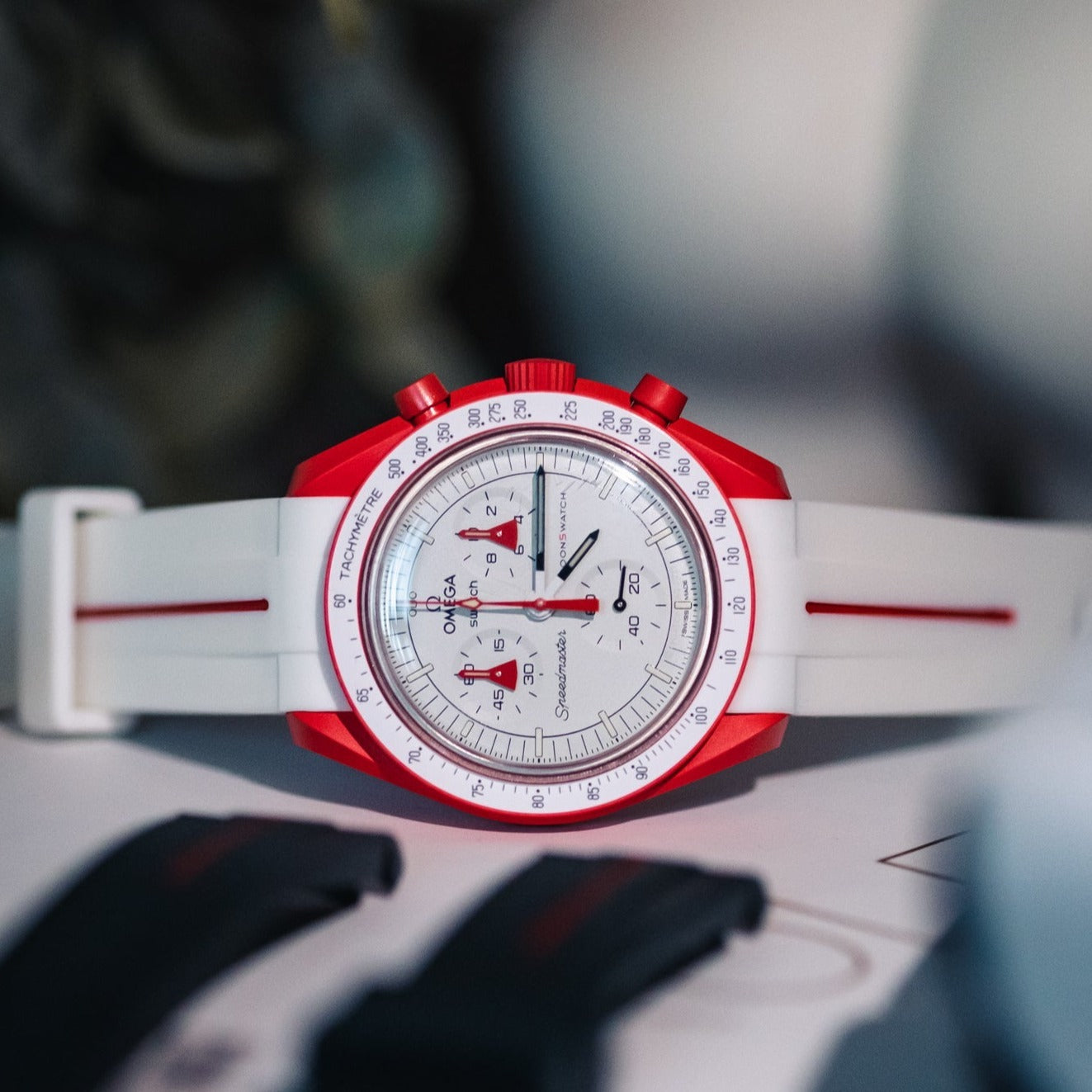 Omega X Swatch Moonswatch White & Red Pinstripe Rubber Strap - HorologyWrists