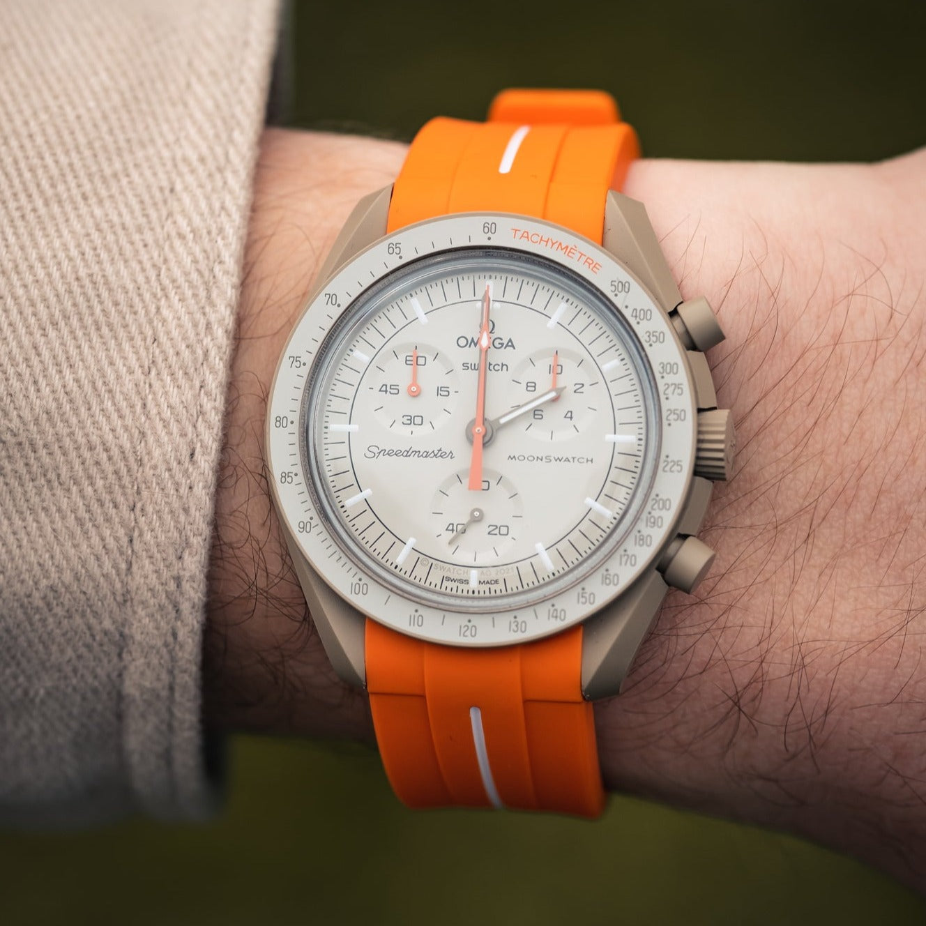 Burnt Orange and White Rubber Strap For Omega X Swatch Moonswatch - HorologyWrists