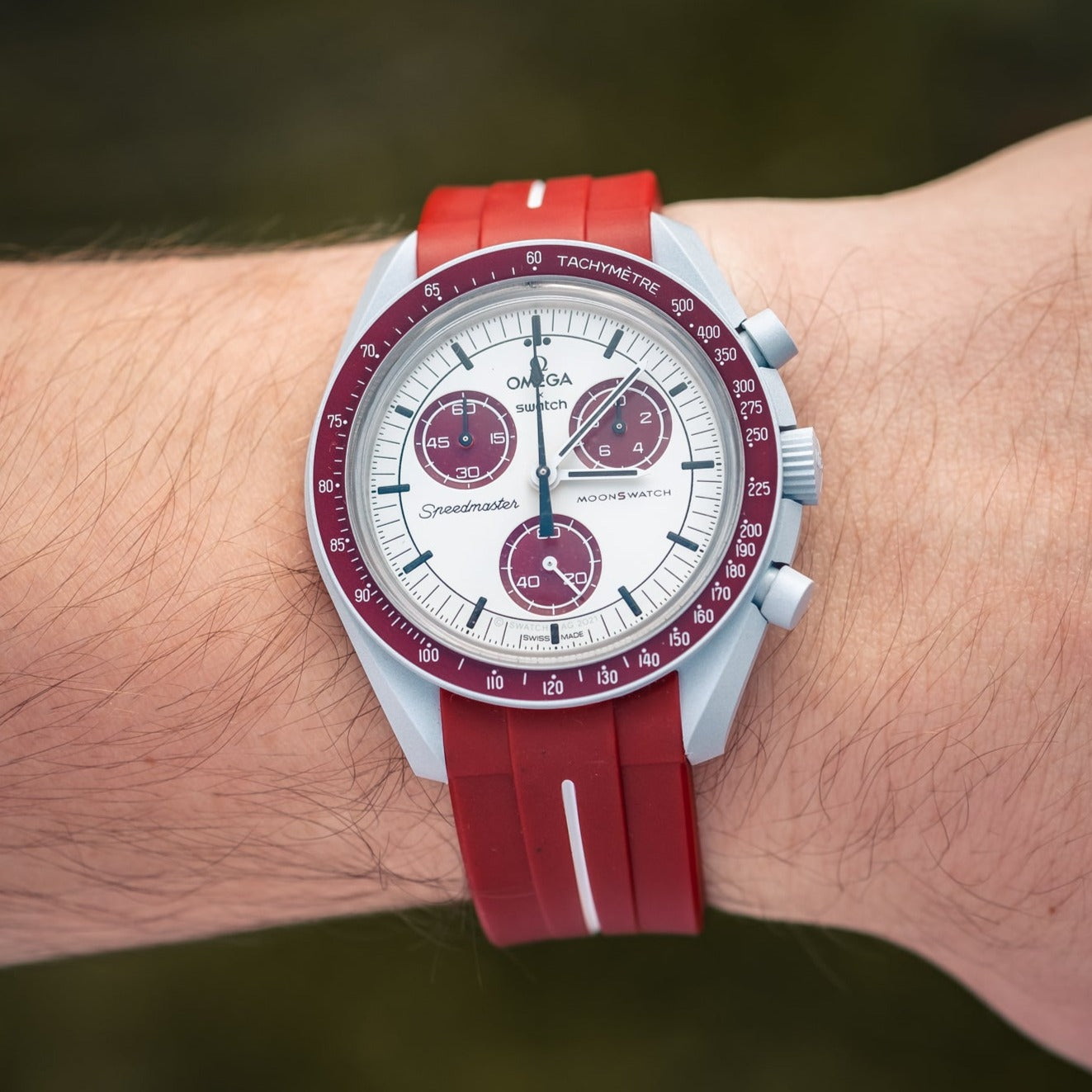 Dark Red and White Rubber Strap For Omega X Swatch Moonswatch - HorologyWrists