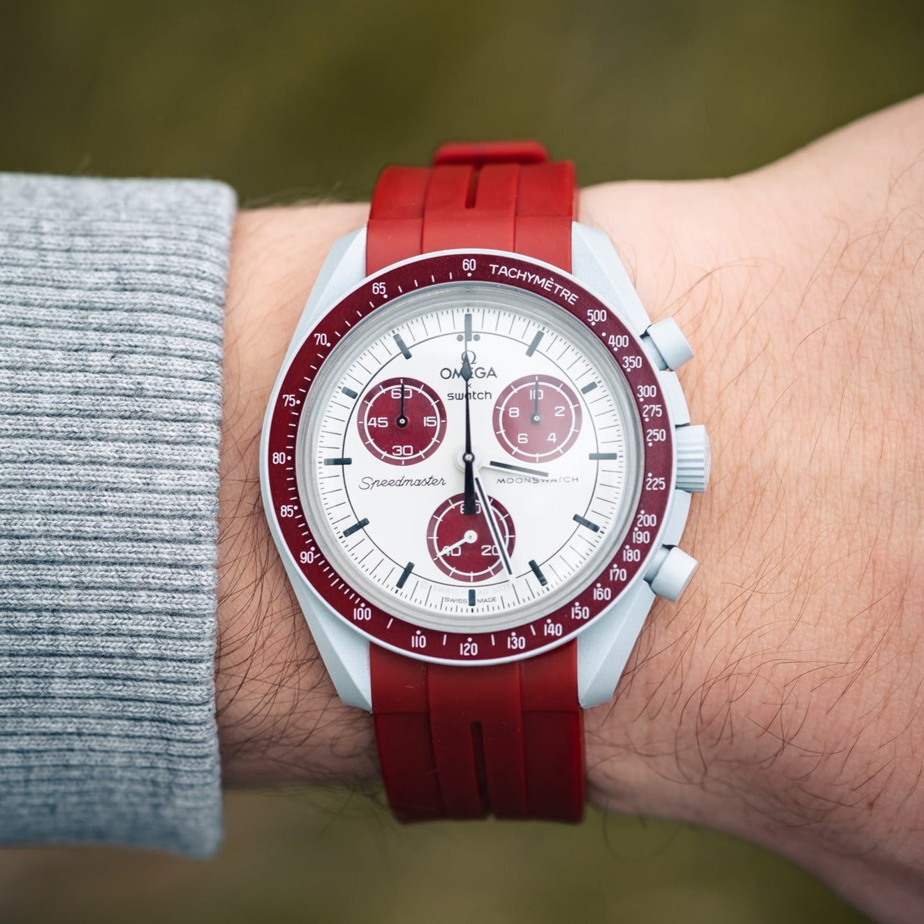 Dark Red Rubber Strap For Omega X Swatch Moonswatch - HorologyWrists