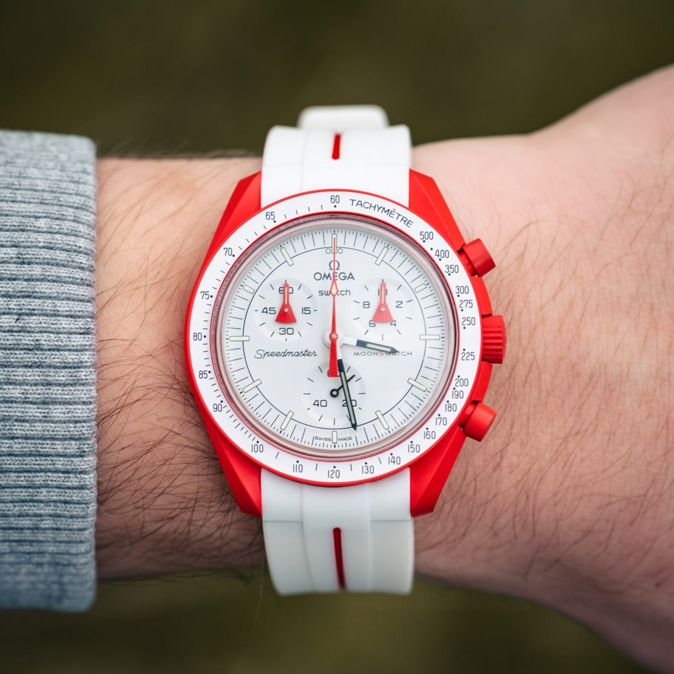 White & Red Pinstripe Rubber Strap For Omega X Swatch Moonswatch - HorologyWrists