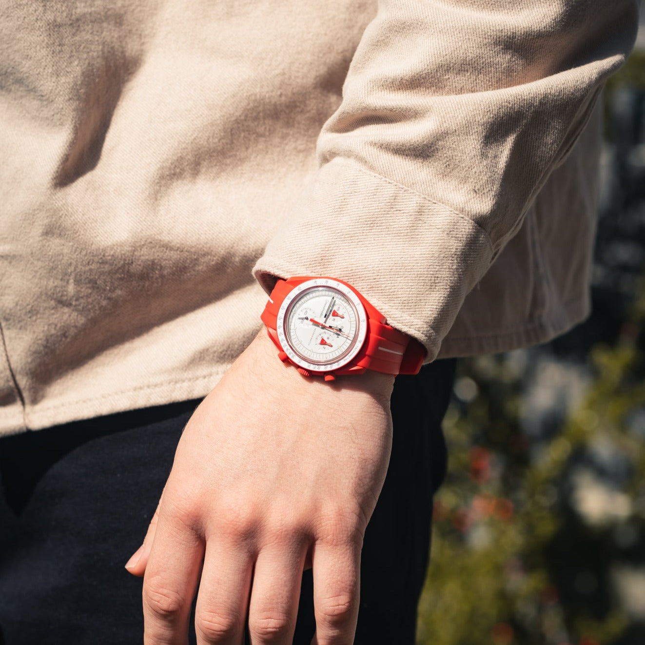 Red and White Rubber Strap For Omega X Swatch Moonswatch - HorologyWrists